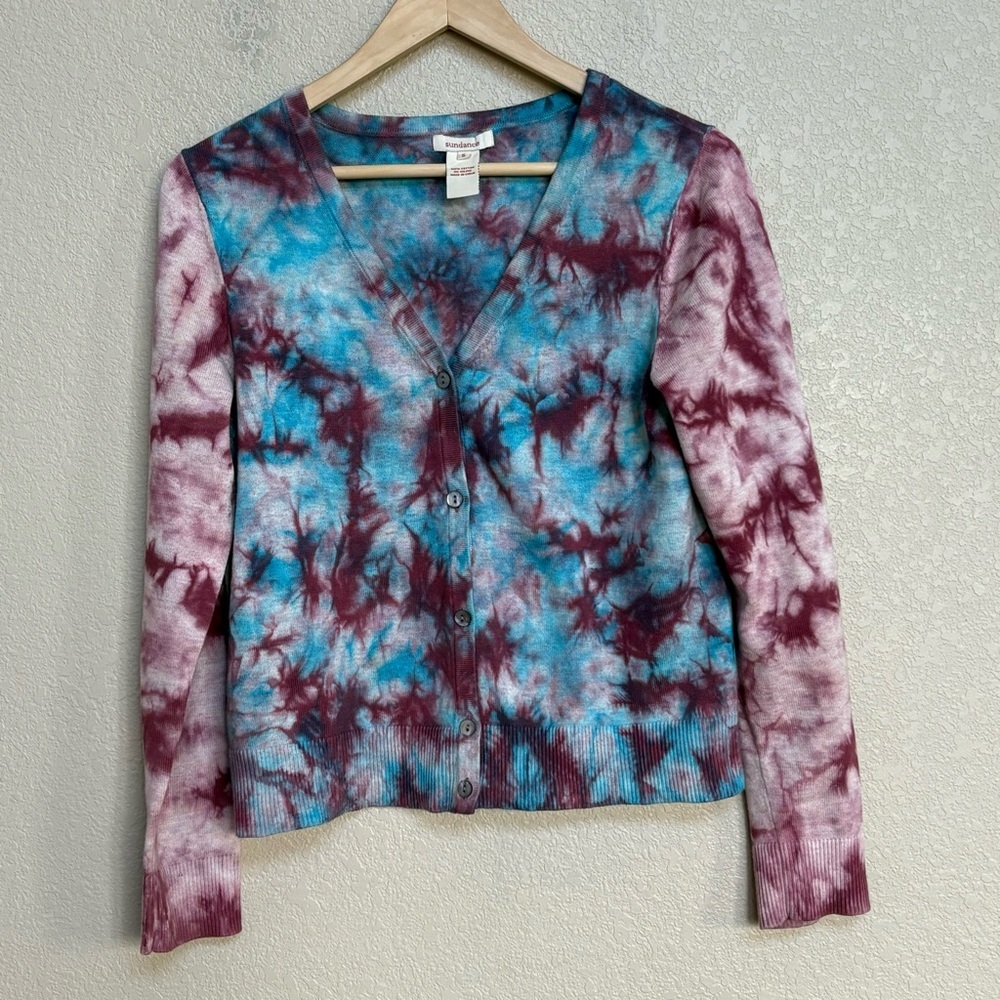 Sundance Teal Burgundy Tie Dye Cardigan Sweater Boho Lightweight Women’s Small